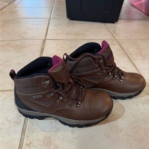 Magellan Outdoors Brown Leather Hiking Boots with Plum Accents